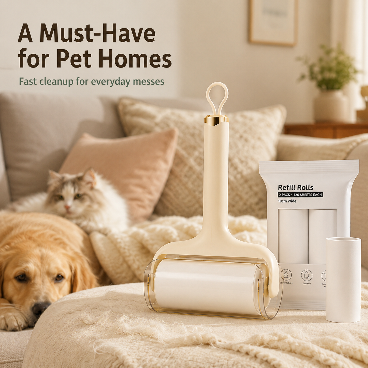 Reusable Pet Hair Lint Roller with Replaceable Sticky Refill – Portable Dog & Cat Hair Remover for Clothes, Sofas & Bedding