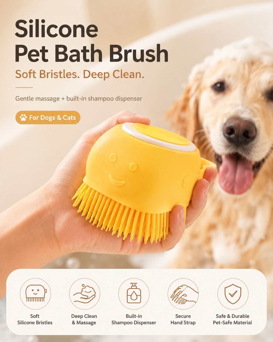 2-in-1 Silicone Pet Bath Brush with Shampoo Dispenser – Soft Massage Scrubber for Dogs & Cats