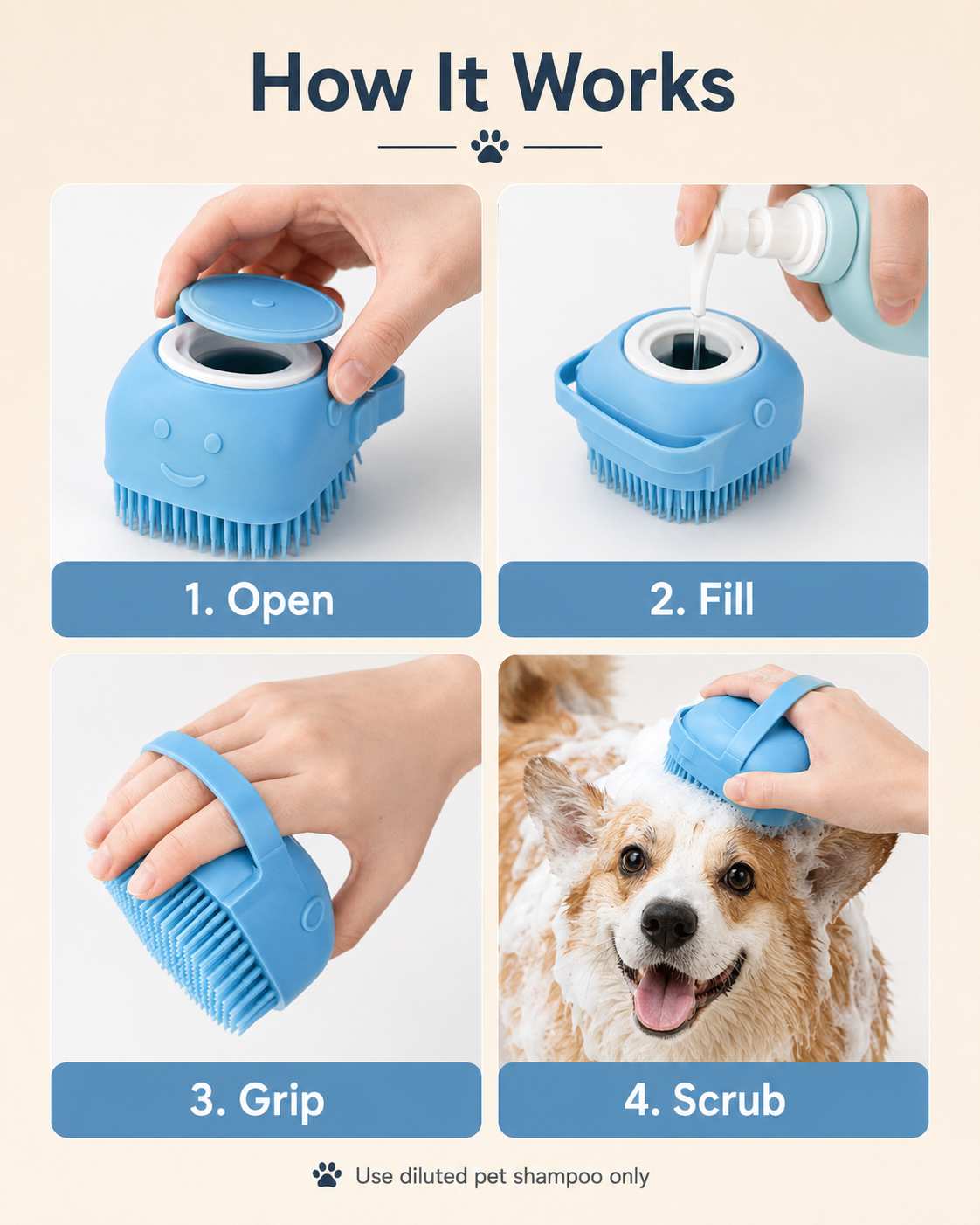 2-in-1 Silicone Pet Bath Brush with Shampoo Dispenser – Soft Massage Scrubber for Dogs & Cats