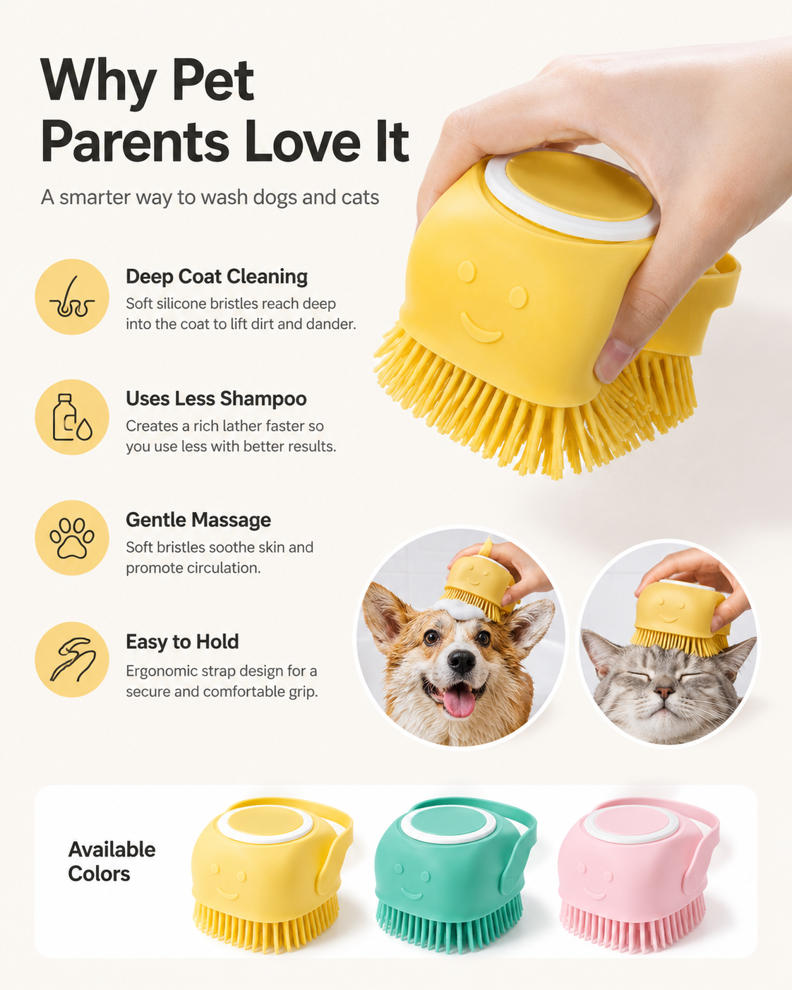 2-in-1 Silicone Pet Bath Brush with Shampoo Dispenser – Soft Massage Scrubber for Dogs & Cats