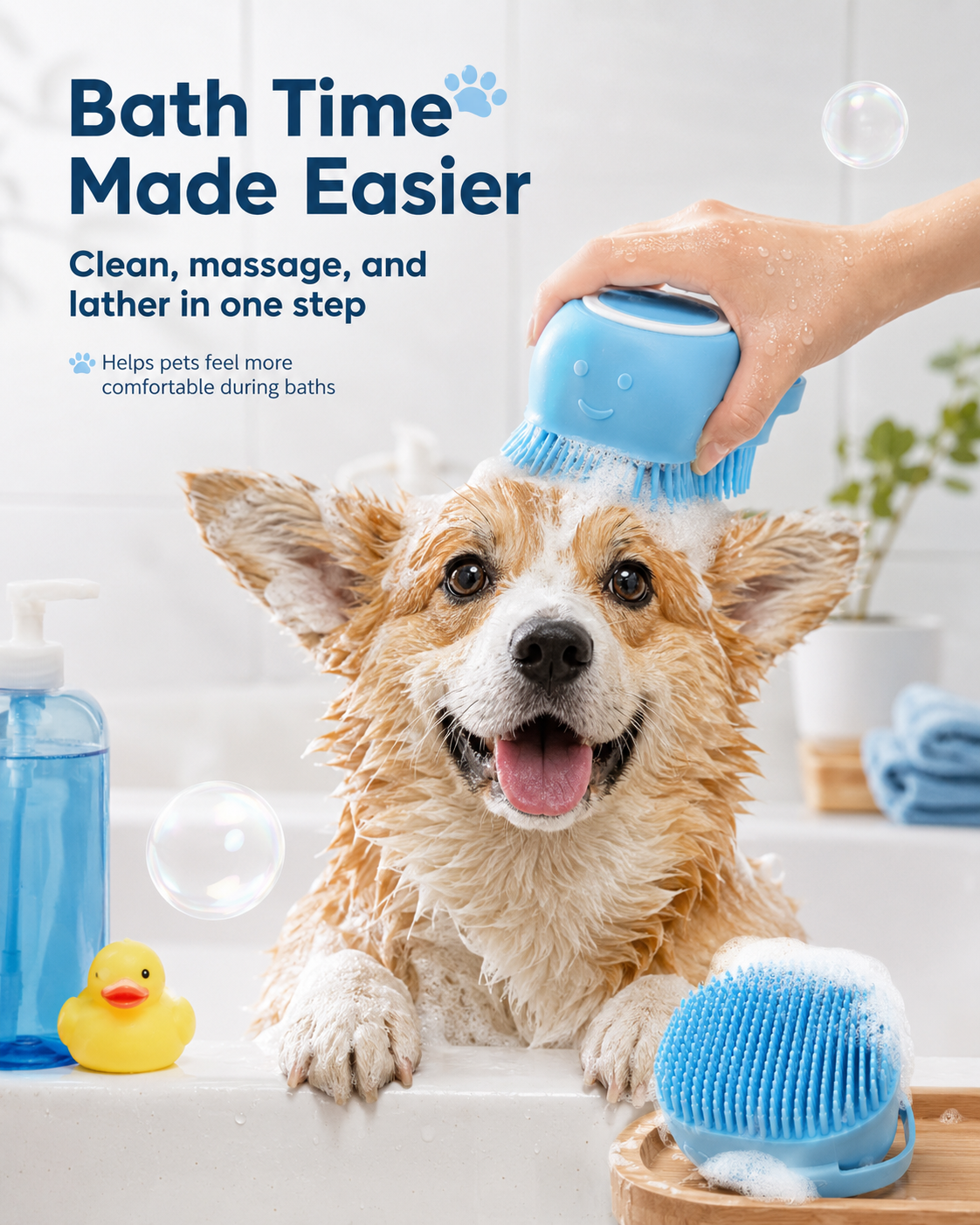 2-in-1 Silicone Pet Bath Brush with Shampoo Dispenser – Soft Massage Scrubber for Dogs & Cats