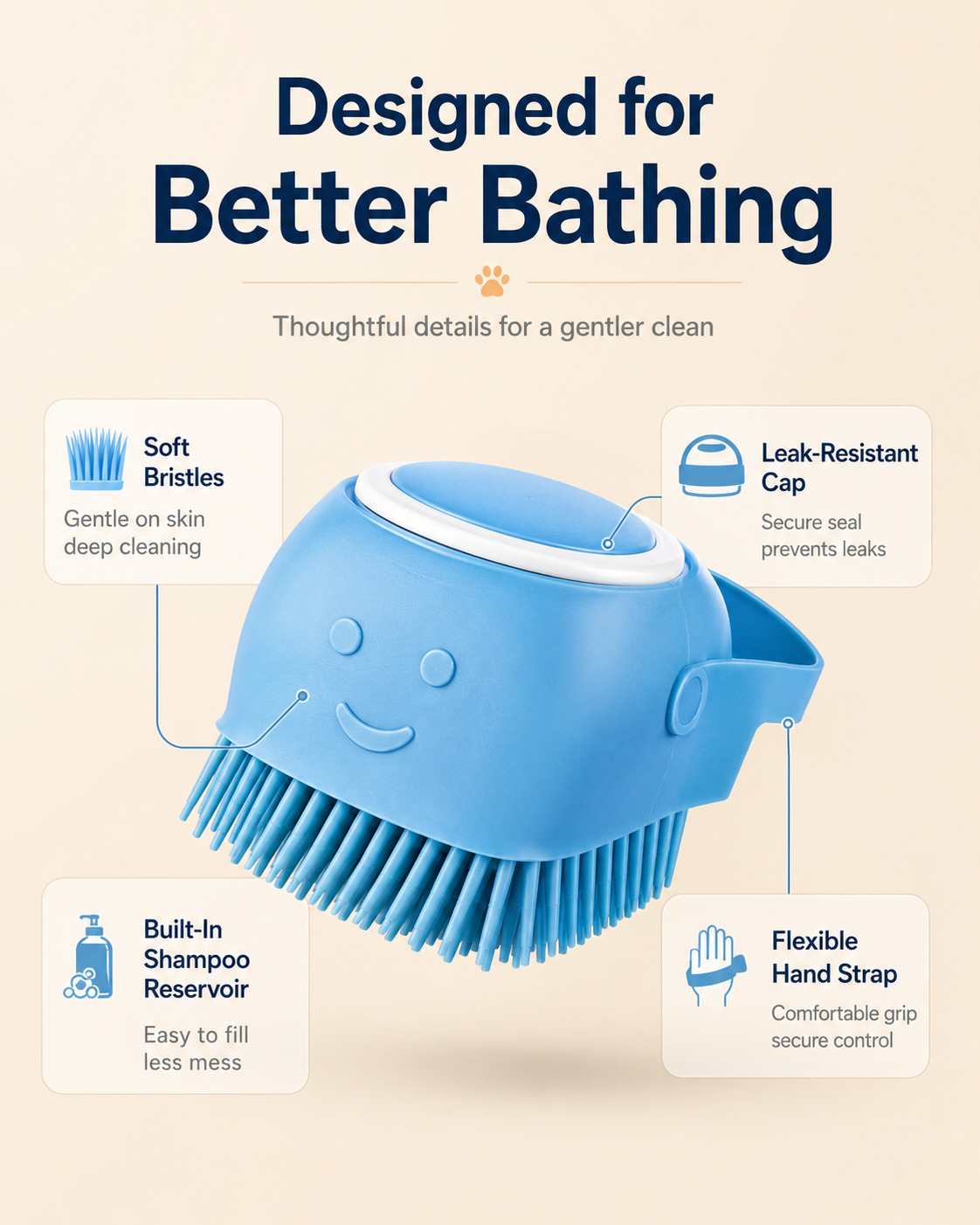 2-in-1 Silicone Pet Bath Brush with Shampoo Dispenser – Soft Massage Scrubber for Dogs & Cats