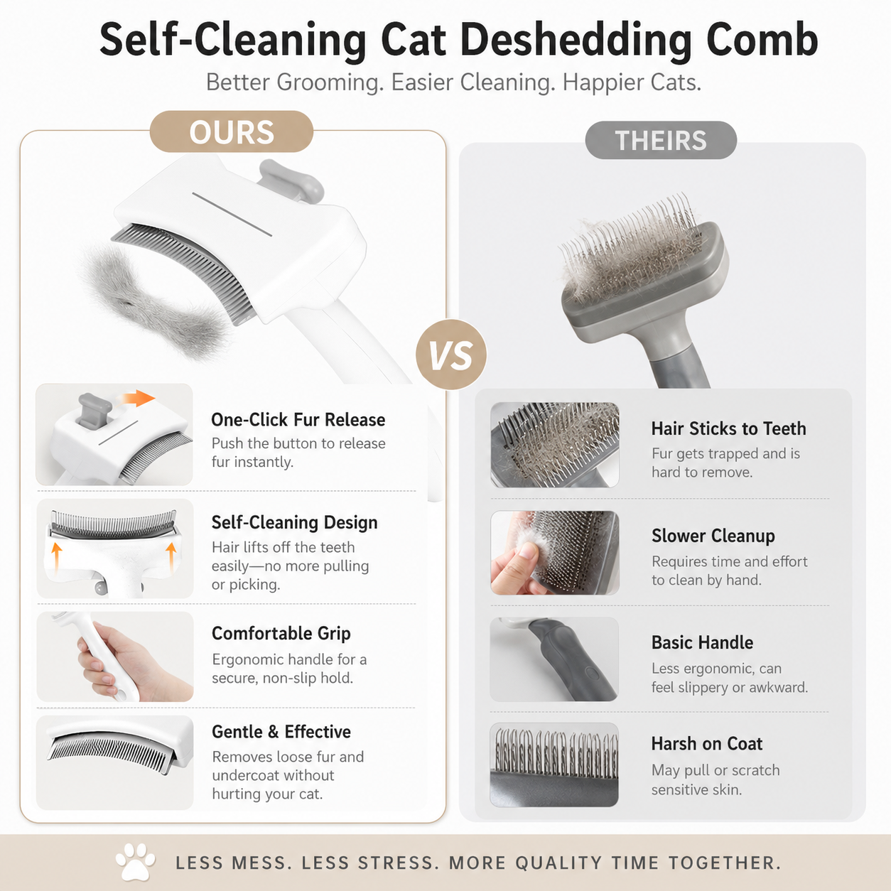 One-Click Self-Cleaning Cat Deshedding Comb – Gentle Short-Hair Grooming Tool