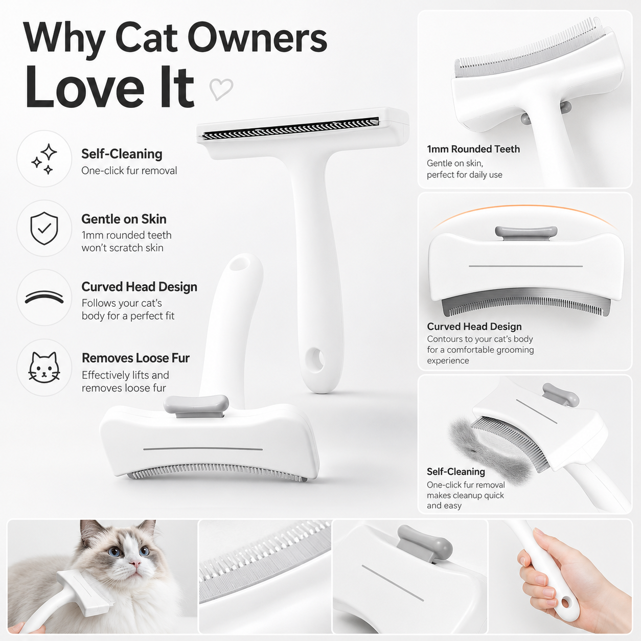 One-Click Self-Cleaning Cat Deshedding Comb – Gentle Short-Hair Grooming Tool