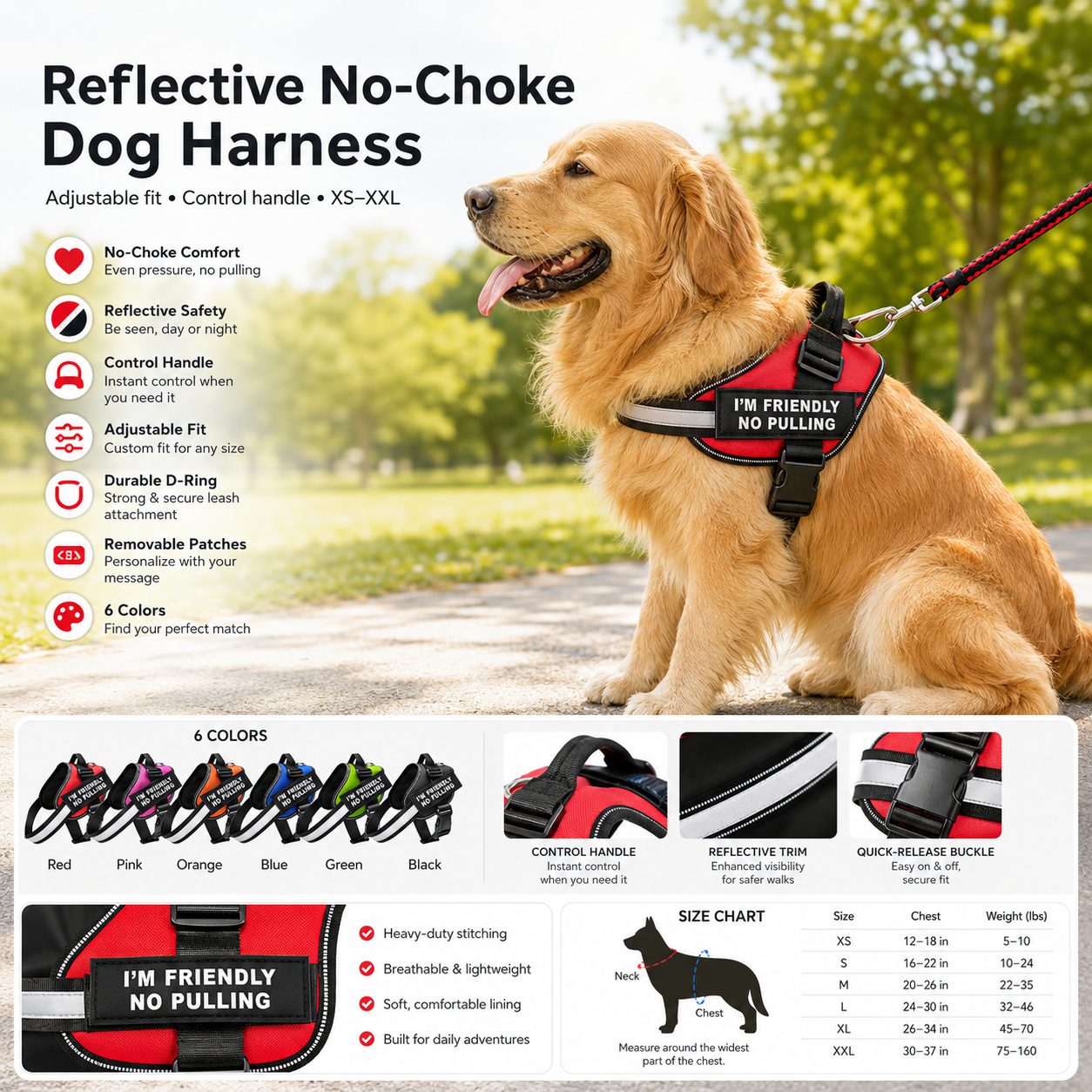 Adjustable Reflective No-Choke Dog Harness with Control Handle & Removable Patches – 6 Colors, XS–XXL