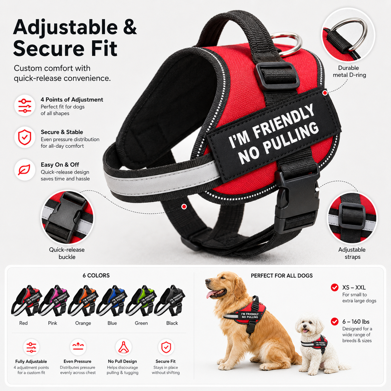 Adjustable Reflective No-Choke Dog Harness with Control Handle & Removable Patches – 6 Colors, XS–XXL