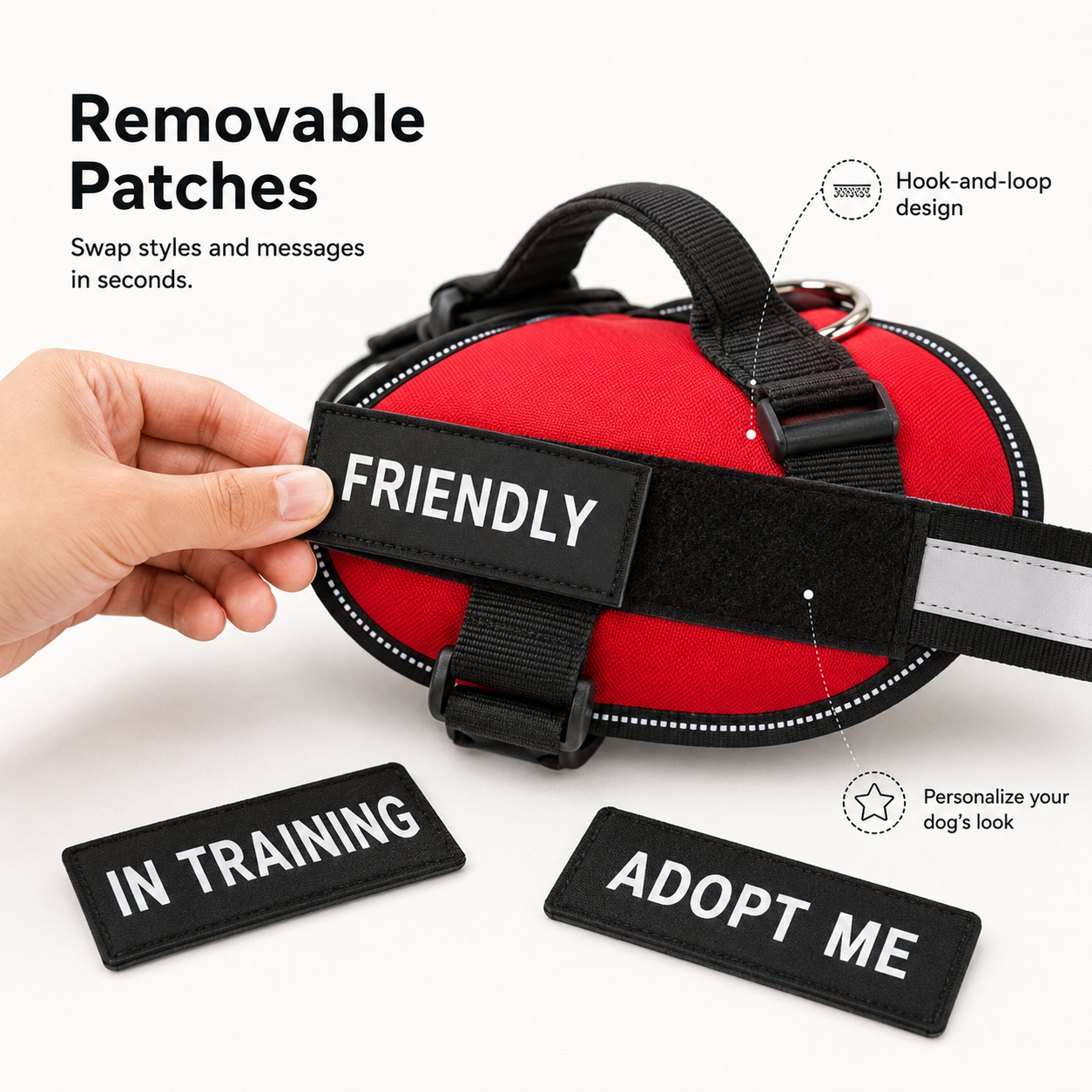 Adjustable Reflective No-Choke Dog Harness with Control Handle & Removable Patches – 6 Colors, XS–XXL