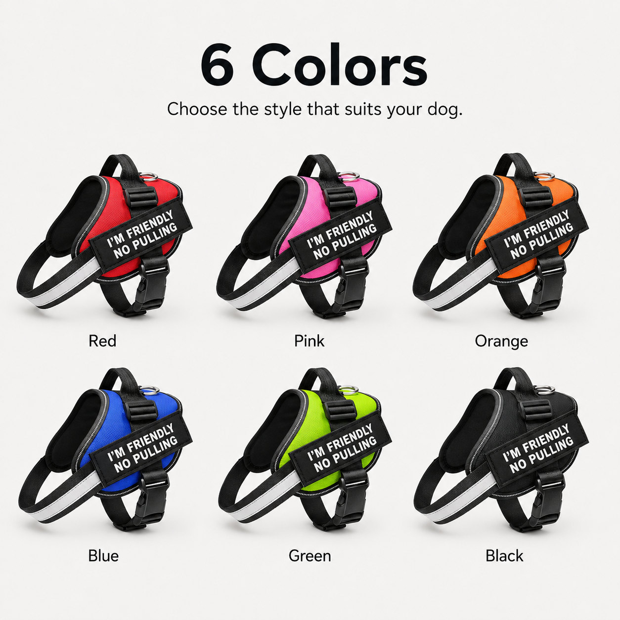 Adjustable Reflective No-Choke Dog Harness with Control Handle & Removable Patches – 6 Colors, XS–XXL