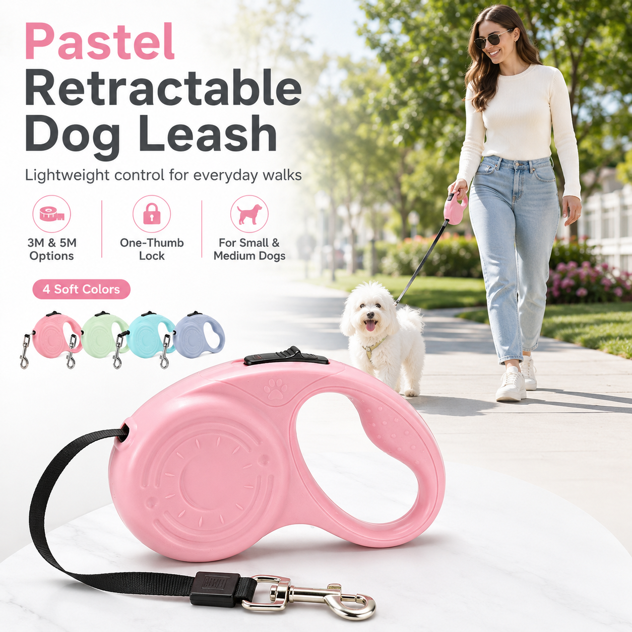 Pastel Retractable Dog Leash with One-Button Control – Lightweight 10FT/16FT Tape Leash for Small & Medium Dogs