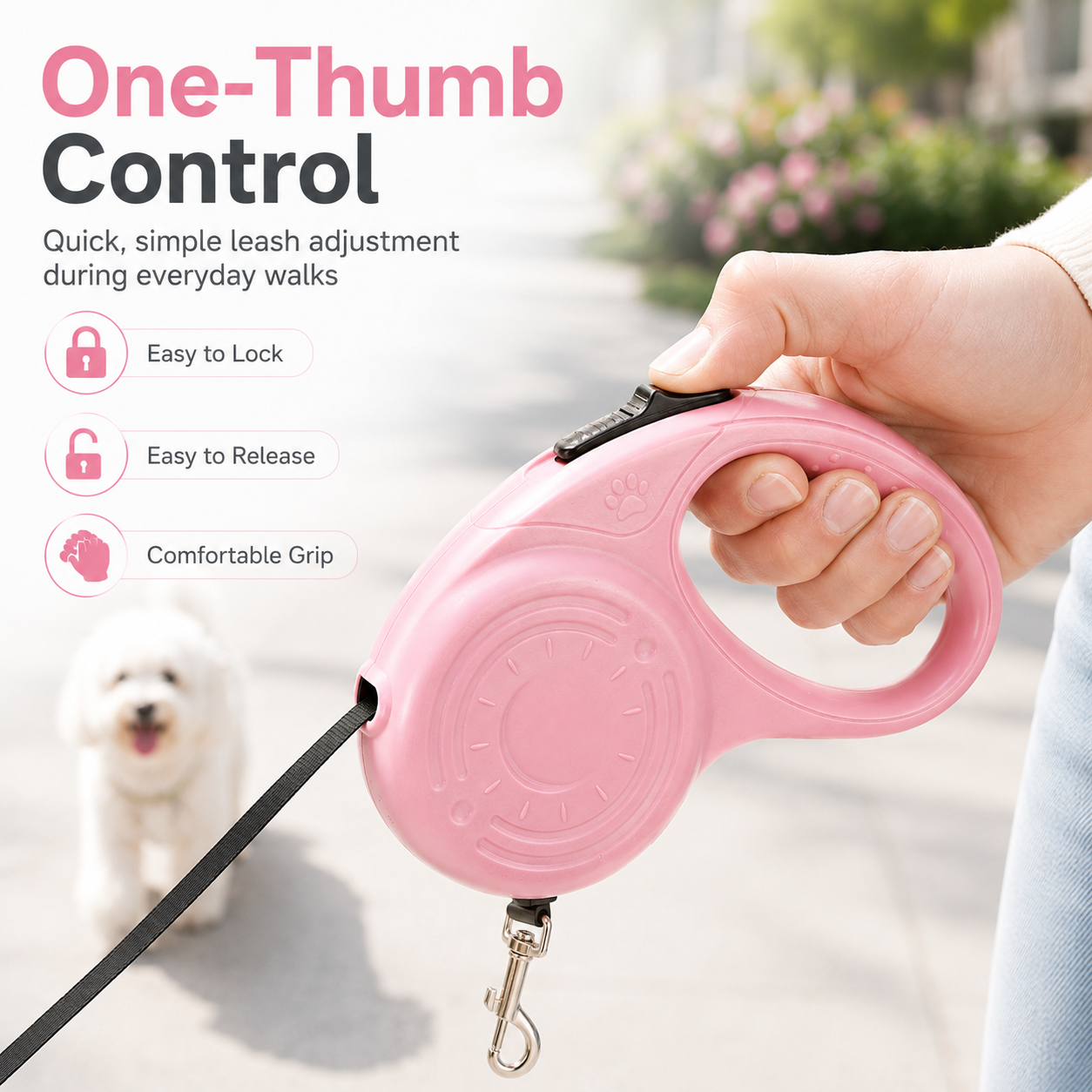 Pastel Retractable Dog Leash with One-Button Control – Lightweight 10FT/16FT Tape Leash for Small & Medium Dogs