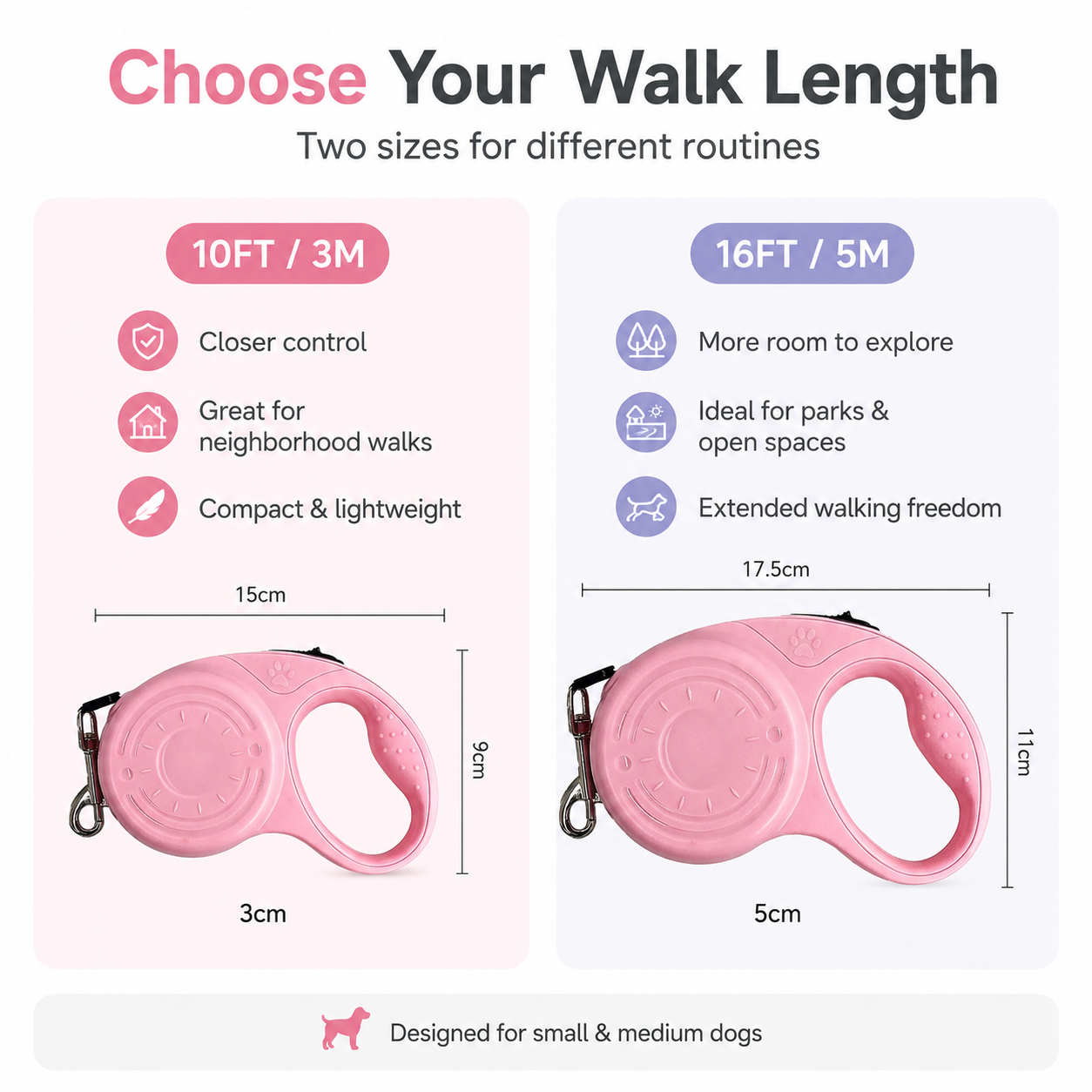 Pastel Retractable Dog Leash with One-Button Control – Lightweight 10FT/16FT Tape Leash for Small & Medium Dogs