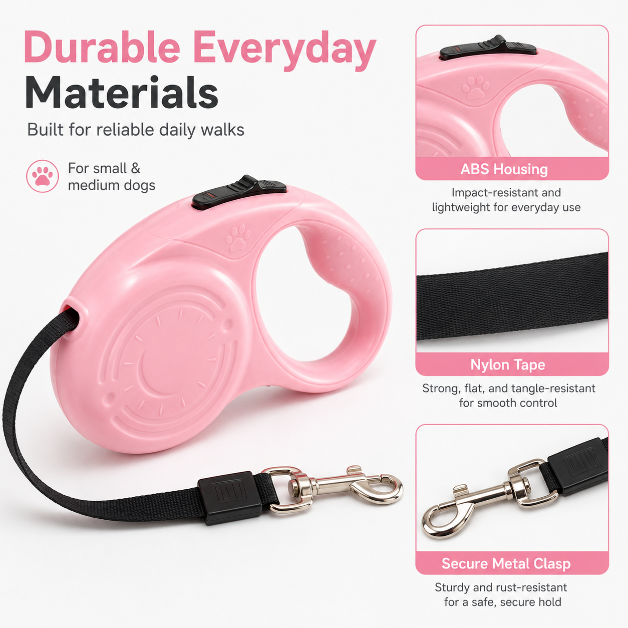 Pastel Retractable Dog Leash with One-Button Control – Lightweight 10FT/16FT Tape Leash for Small & Medium Dogs