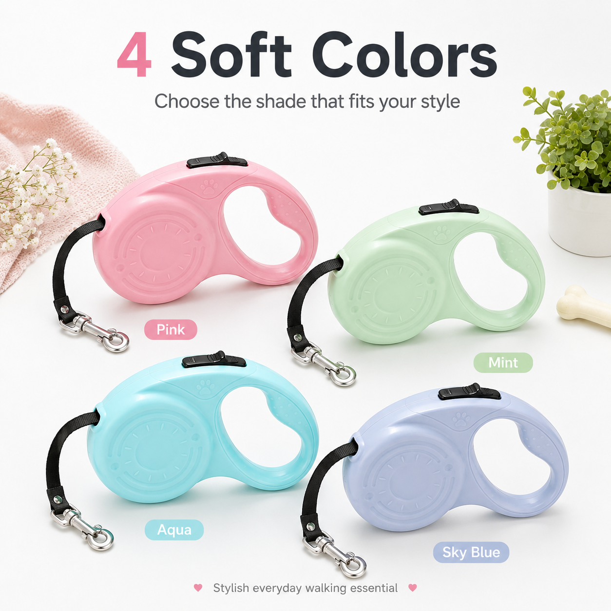 Pastel Retractable Dog Leash with One-Button Control – Lightweight 10FT/16FT Tape Leash for Small & Medium Dogs