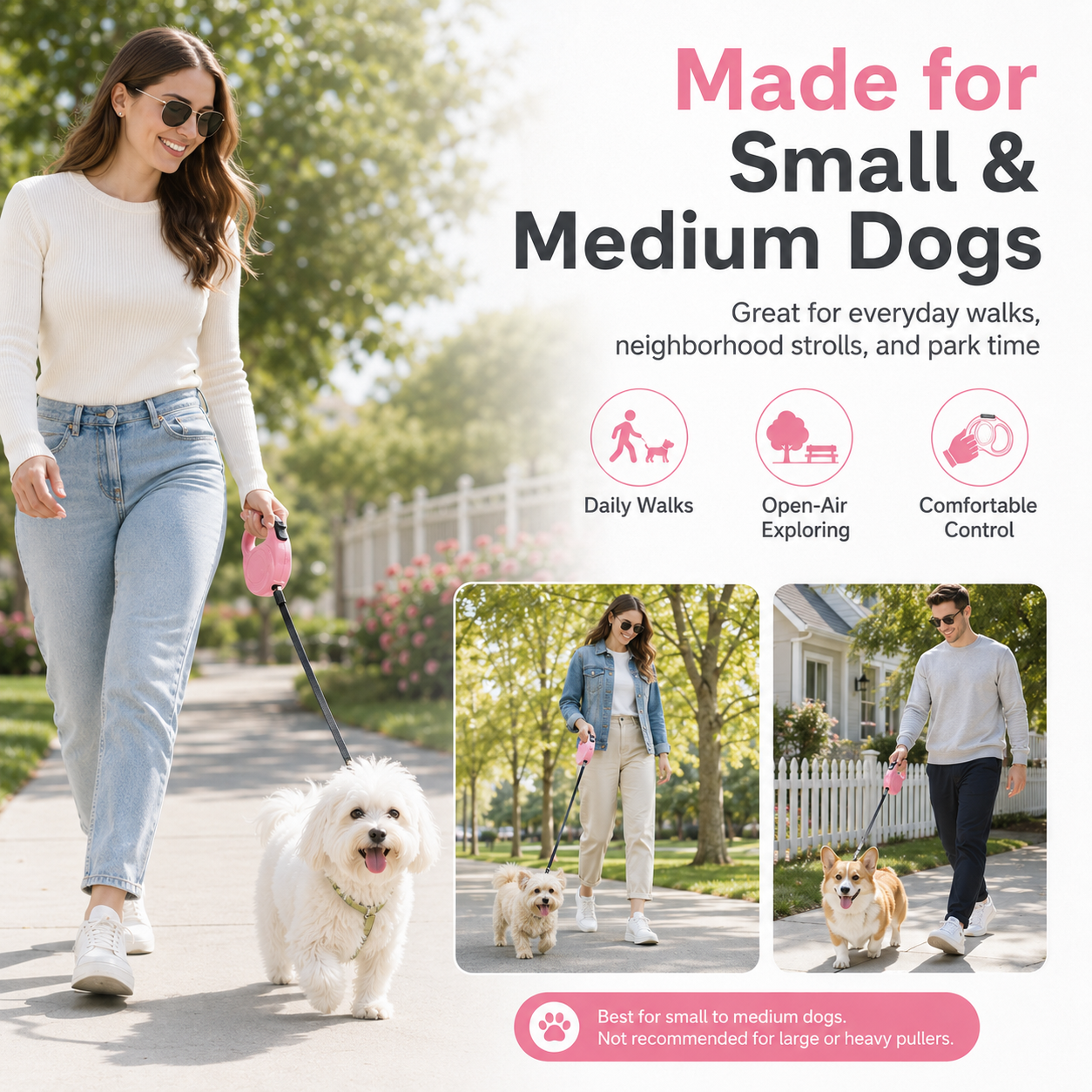 Pastel Retractable Dog Leash with One-Button Control – Lightweight 10FT/16FT Tape Leash for Small & Medium Dogs