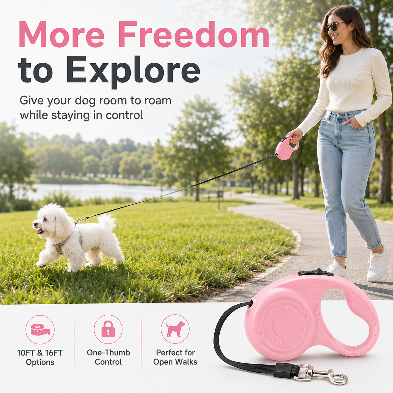 Pastel Retractable Dog Leash with One-Button Control – Lightweight 10FT/16FT Tape Leash for Small & Medium Dogs