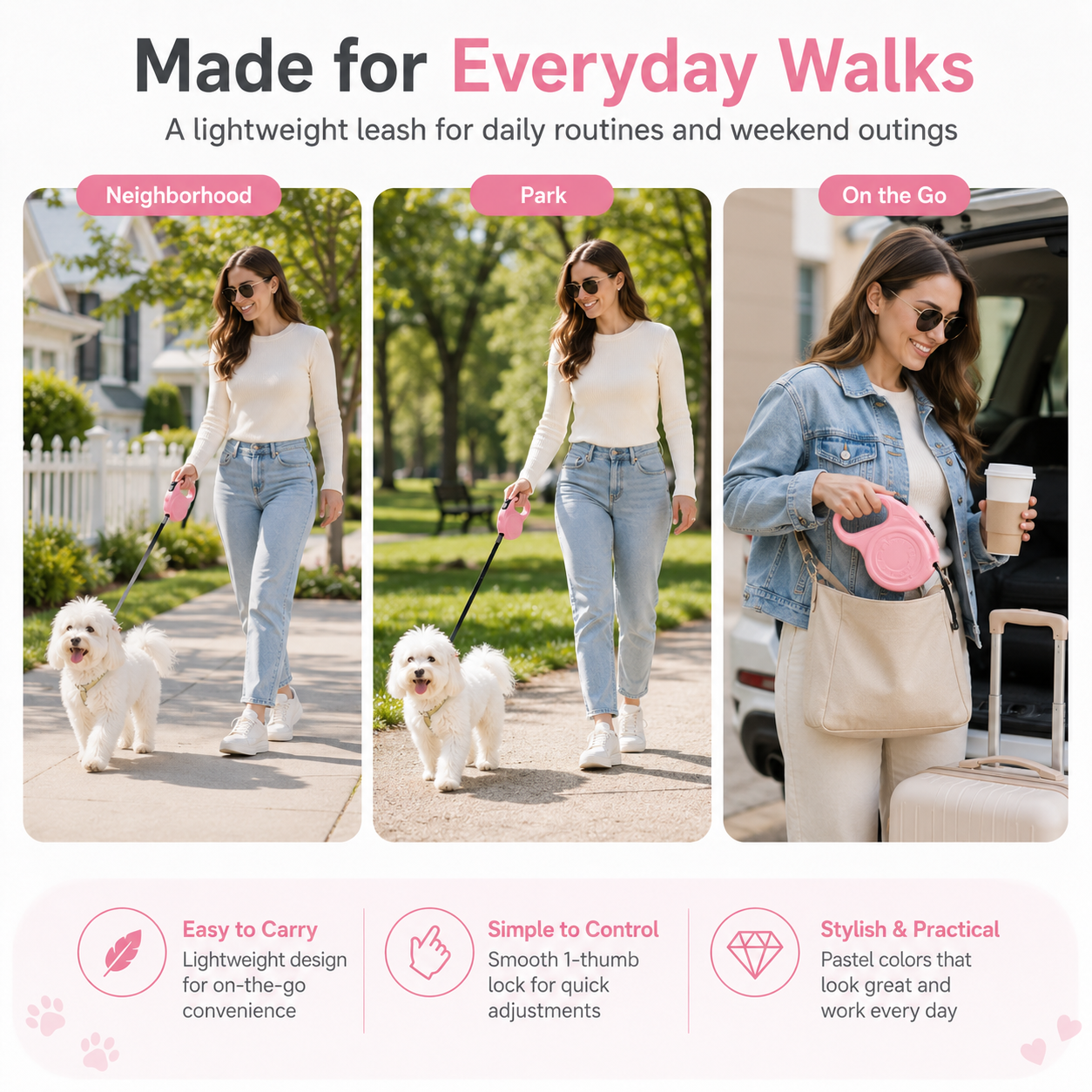 Pastel Retractable Dog Leash with One-Button Control – Lightweight 10FT/16FT Tape Leash for Small & Medium Dogs