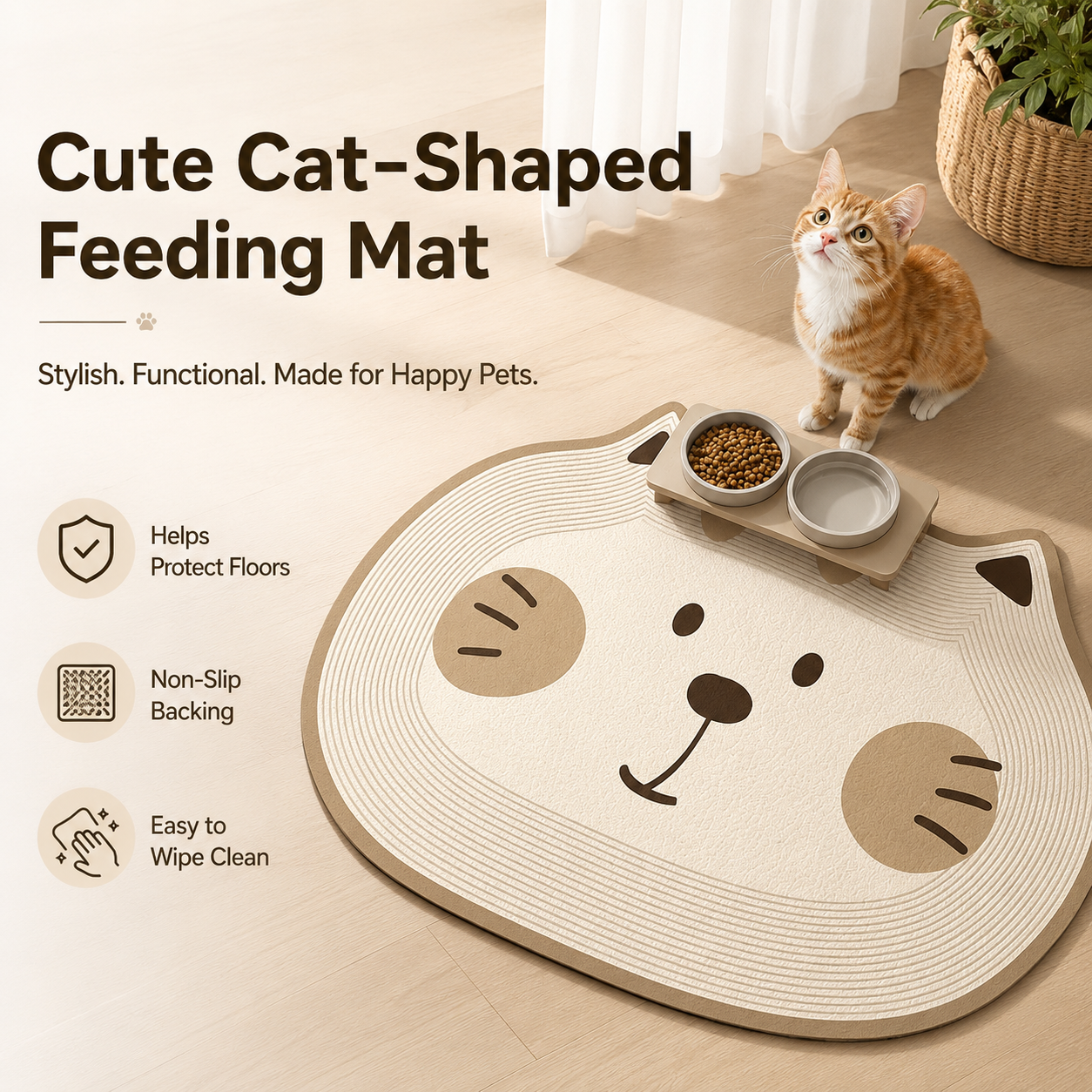 Cute Cat-Shaped Non-Slip Pet Feeding Mat – Easy-Clean Floor Protector for Food & Water Bowls