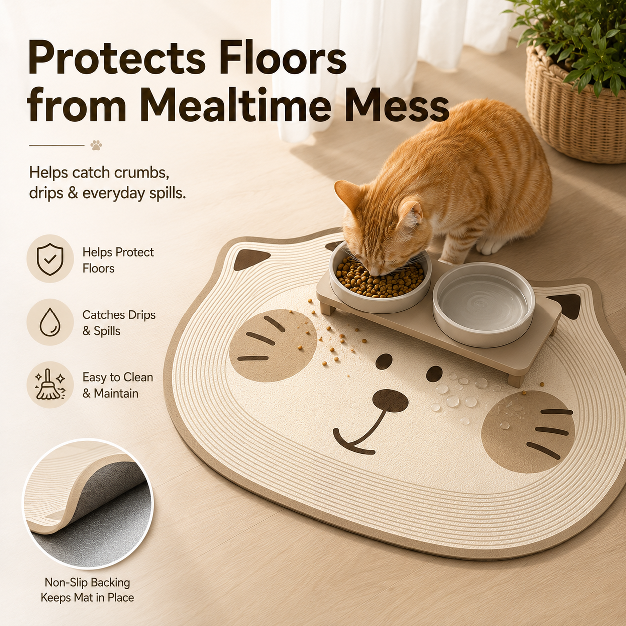 Cute Cat-Shaped Non-Slip Pet Feeding Mat – Easy-Clean Floor Protector for Food & Water Bowls