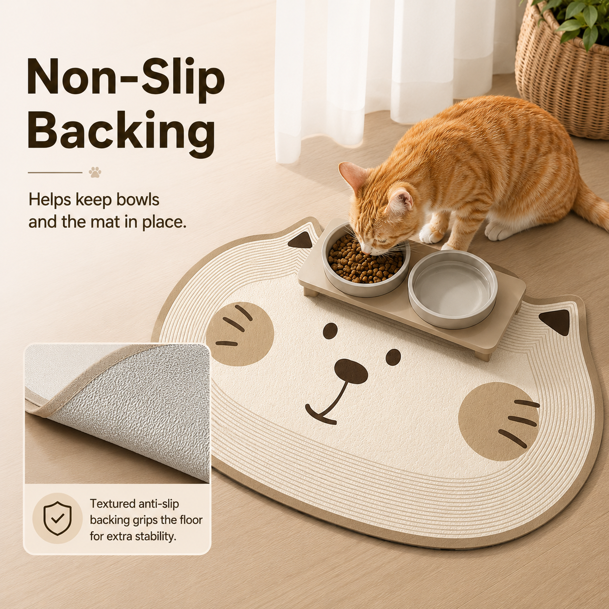 Cute Cat-Shaped Non-Slip Pet Feeding Mat – Easy-Clean Floor Protector for Food & Water Bowls