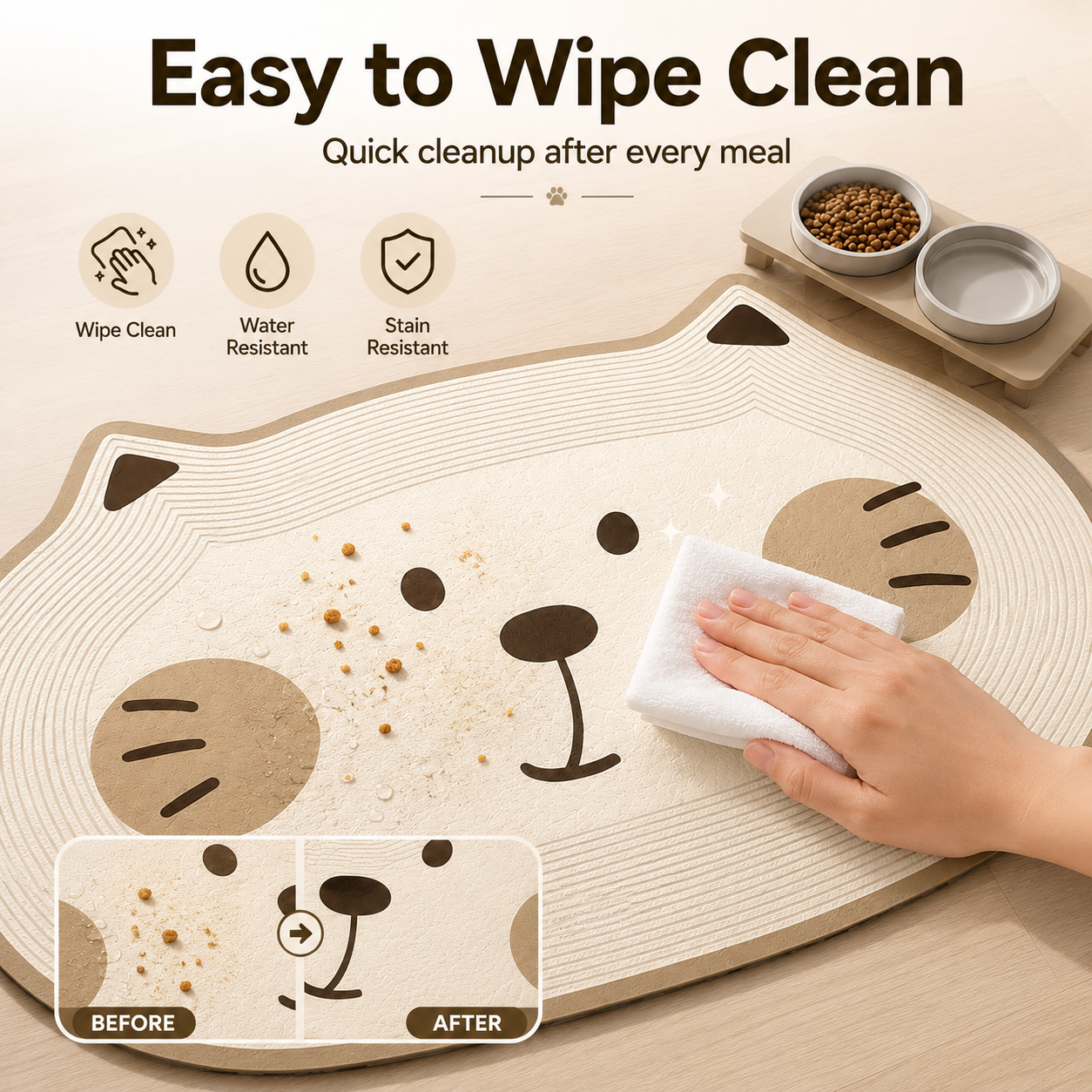Cute Cat-Shaped Non-Slip Pet Feeding Mat – Easy-Clean Floor Protector for Food & Water Bowls