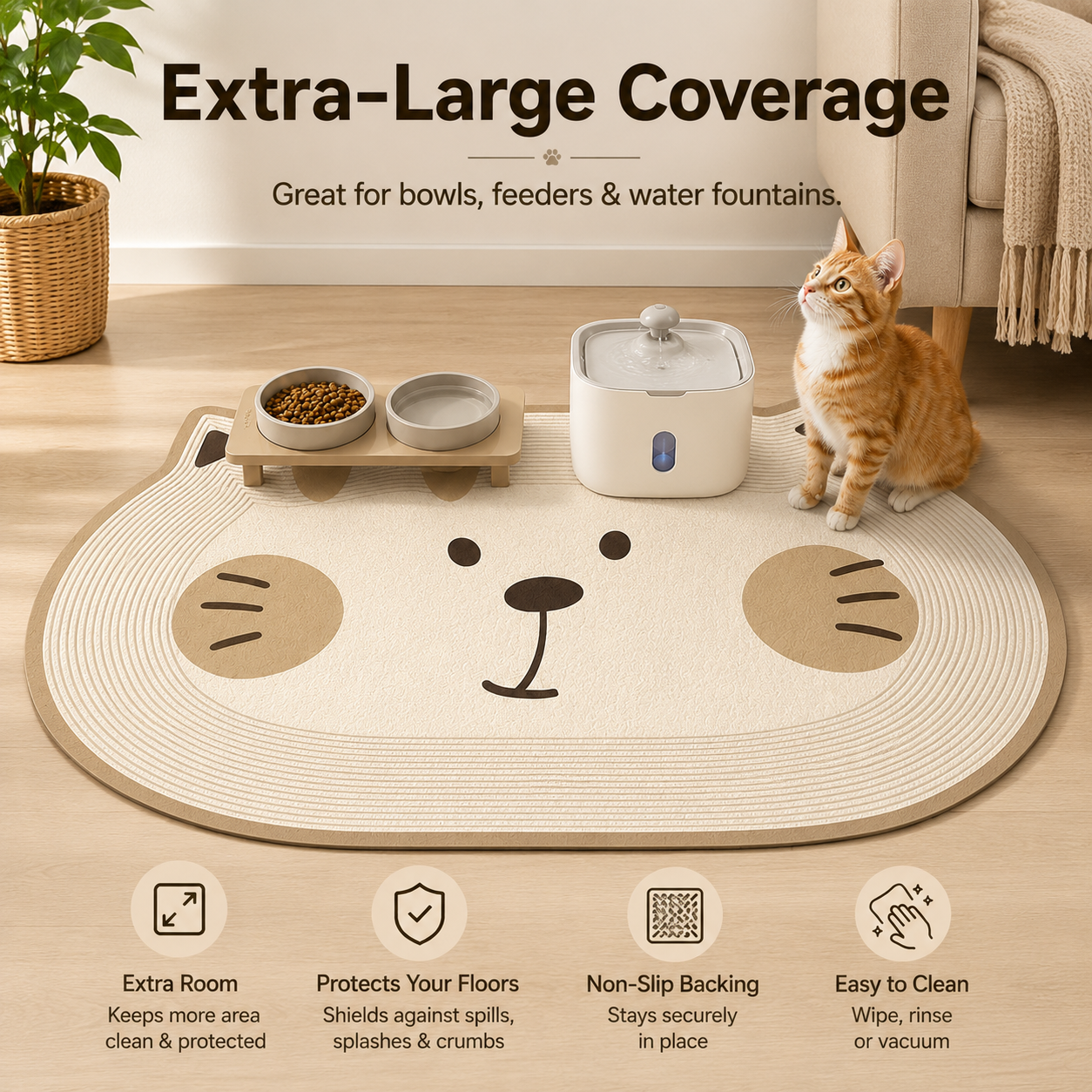 Cute Cat-Shaped Non-Slip Pet Feeding Mat – Easy-Clean Floor Protector for Food & Water Bowls