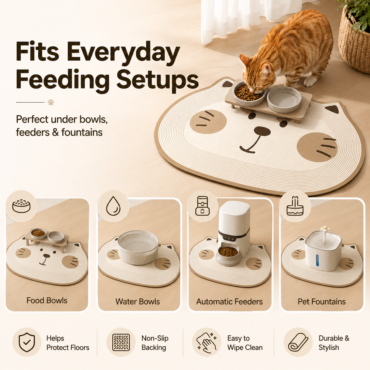 Cute Cat-Shaped Non-Slip Pet Feeding Mat – Easy-Clean Floor Protector for Food & Water Bowls