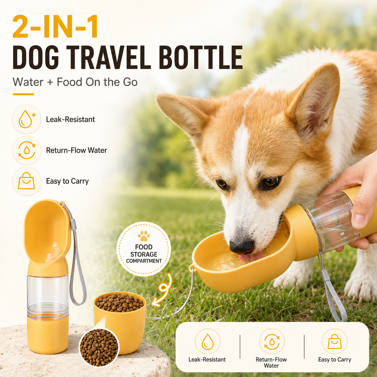2-in-1 Portable Dog Water Bottle with Food Storage – Leak-Resistant Travel Dispenser with Return-Flow Drinking Bowl
