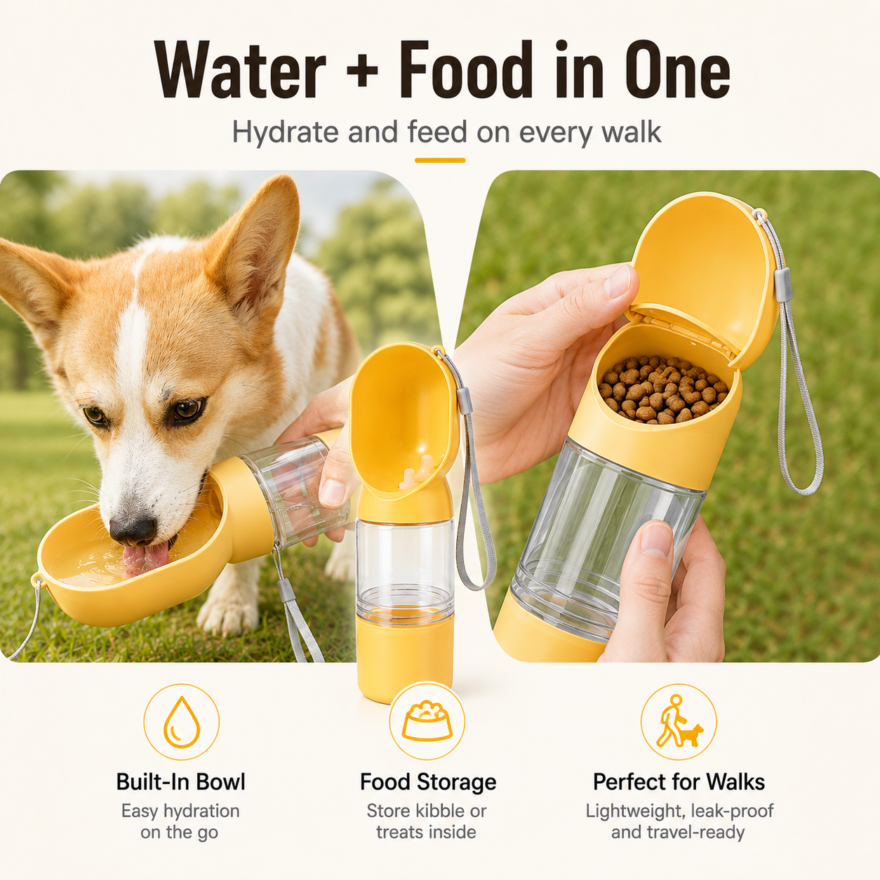 2-in-1 Portable Dog Water Bottle with Food Storage – Leak-Resistant Travel Dispenser with Return-Flow Drinking Bowl