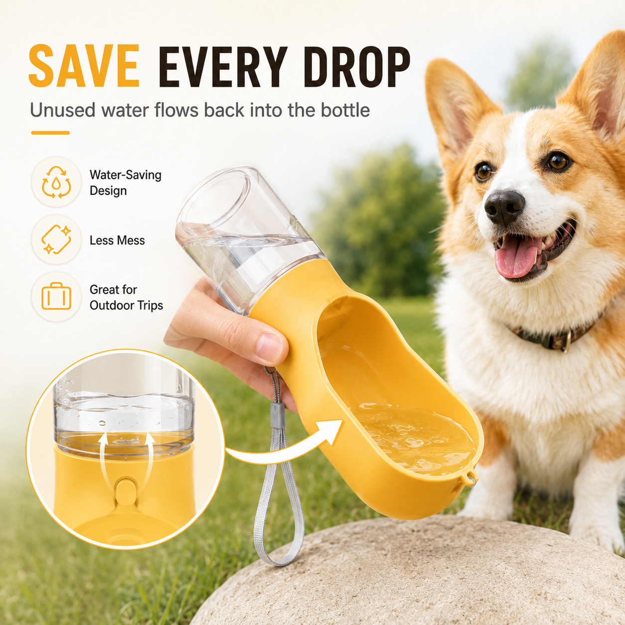 2-in-1 Portable Dog Water Bottle with Food Storage – Leak-Resistant Travel Dispenser with Return-Flow Drinking Bowl