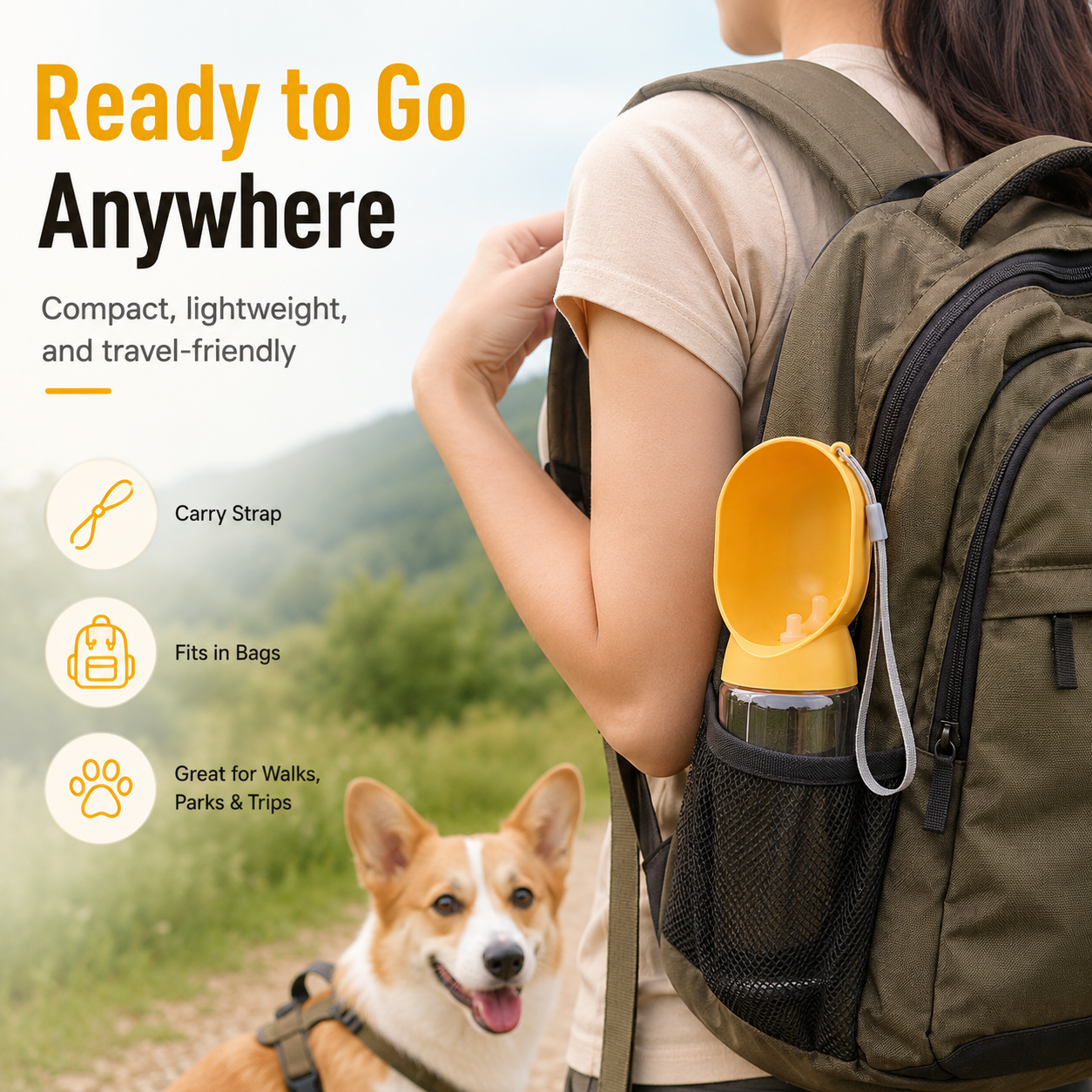 2-in-1 Portable Dog Water Bottle with Food Storage – Leak-Resistant Travel Dispenser with Return-Flow Drinking Bowl