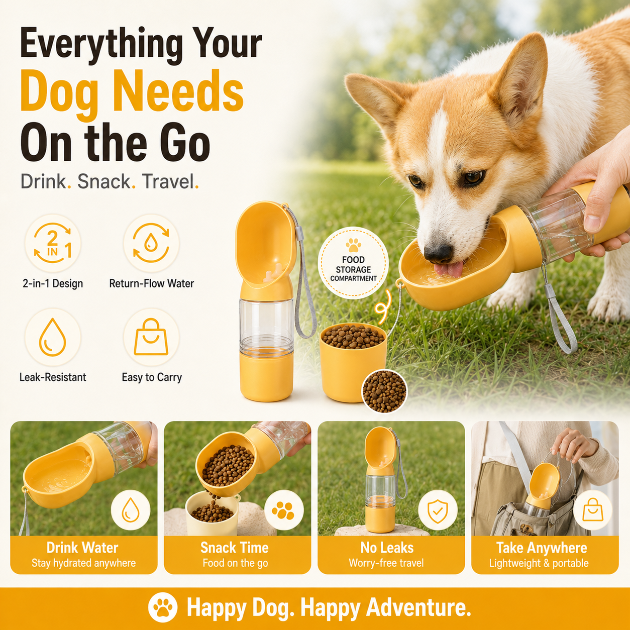 2-in-1 Portable Dog Water Bottle with Food Storage – Leak-Resistant Travel Dispenser with Return-Flow Drinking Bowl