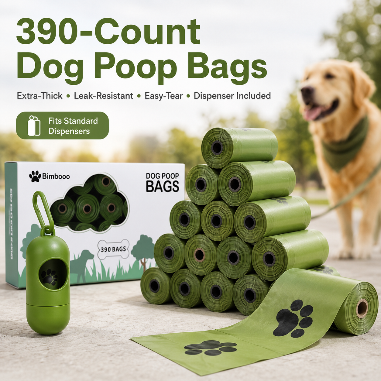 390-Count Extra-Thick Dog Poop Bags with Leash Dispenser – Leak-Resistant, Easy-Tear Pet Waste Bags