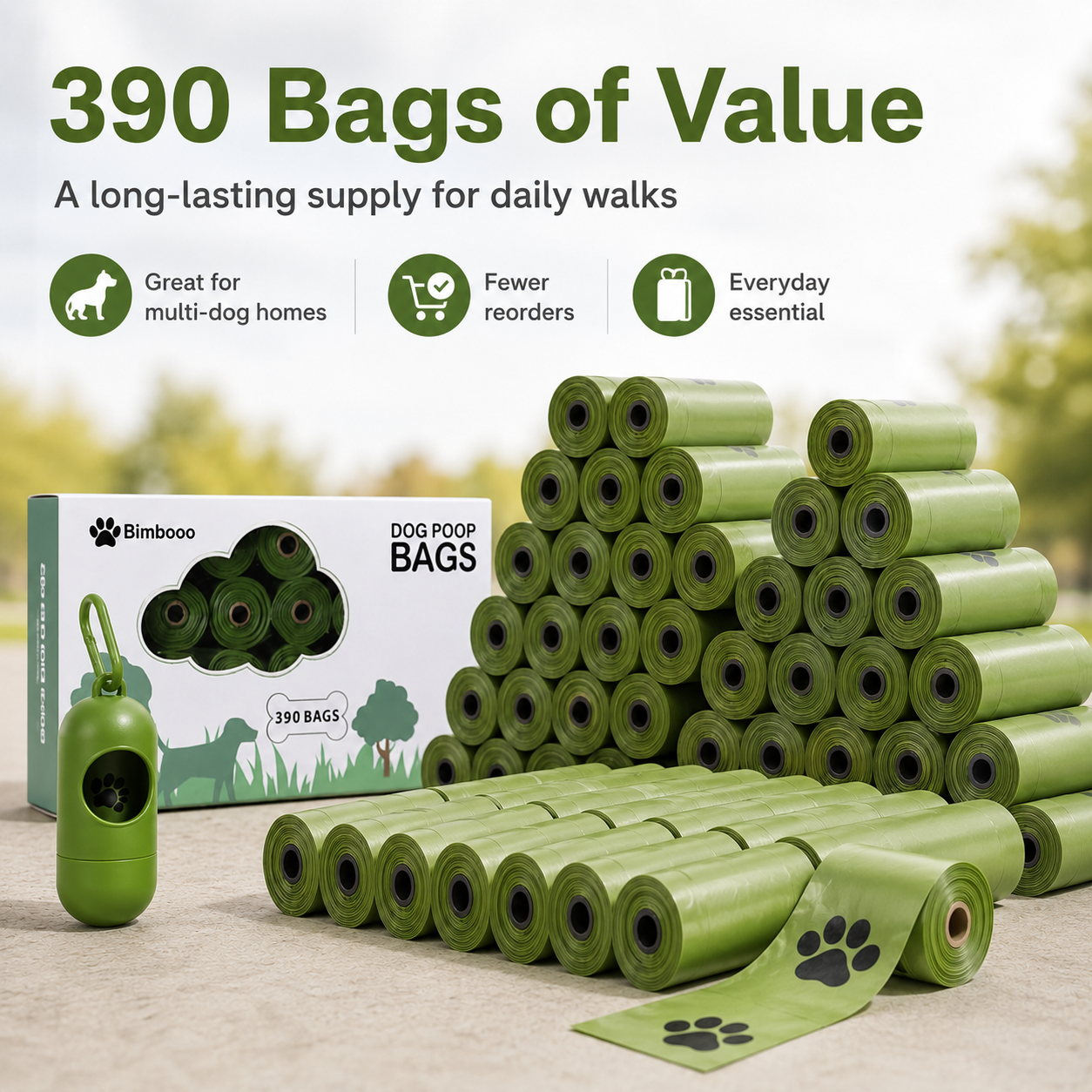 390-Count Extra-Thick Dog Poop Bags with Leash Dispenser – Leak-Resistant, Easy-Tear Pet Waste Bags