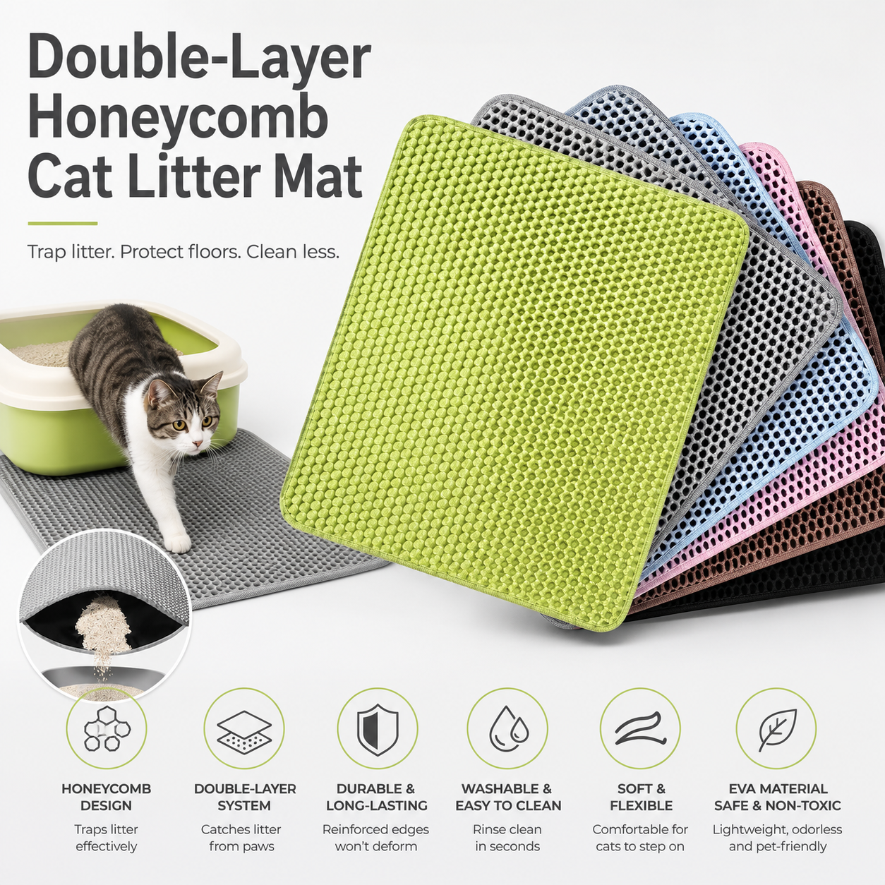 Double-Layer Honeycomb Cat Litter Mat – Soft Washable Litter Trapper for Cleaner Floors