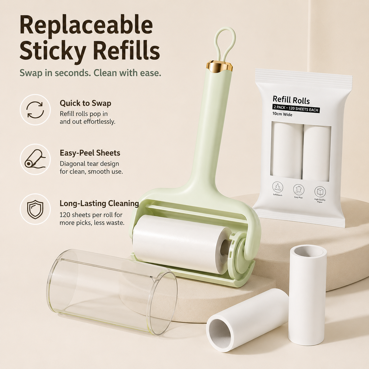 Reusable Pet Hair Lint Roller with Replaceable Sticky Refill – Portable Dog & Cat Hair Remover for Clothes, Sofas & Bedding